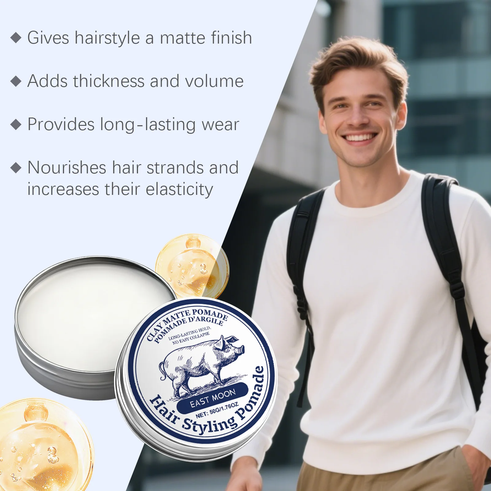 โพเมดจัดแต่งทรงผมอีสต์มูนเมนเนื้อแมท ควบคุมขอบผมอยู่ทรง ติดทนนาน เพิ่มวอลลุ่ม พกพาสะดวก กันน้ำ