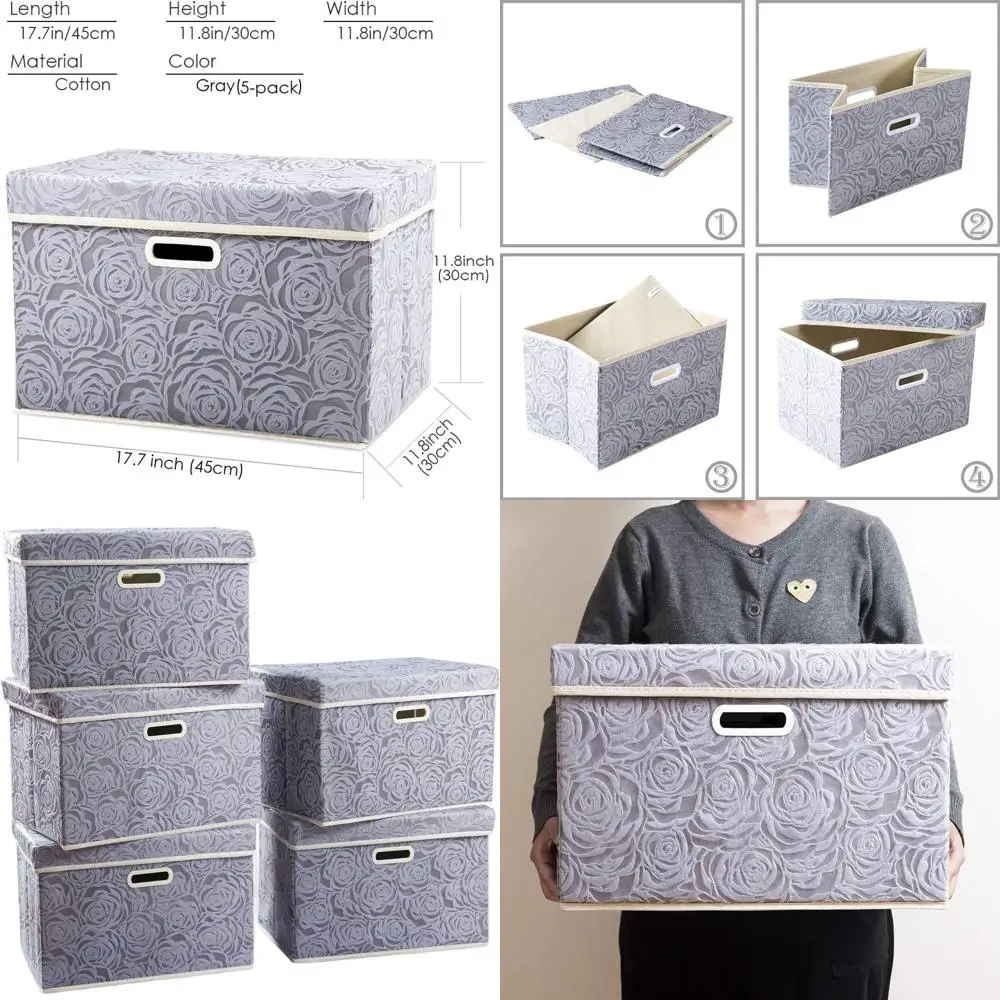 

Набор из 5 больших тканевых коробок для хранения с крышками, декоративные кубические органайзеры для детской комнаты, серые, 17,5x11,8x11,8 дюймов
