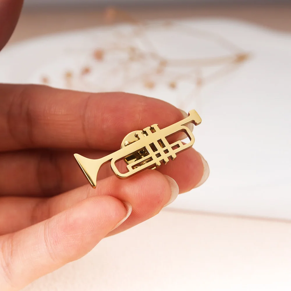 Musical Instrument Trumpet Brooch Pin Stainless Steel Mens Punk Hip Hop Music Brooches Jewelry Elegant Clothing Pin Accessories