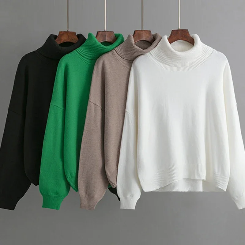 

Women's Loose Core Yarn Knit Sweater High Neck Monochromatic Comfortable Casual Pullover Autumn Winter