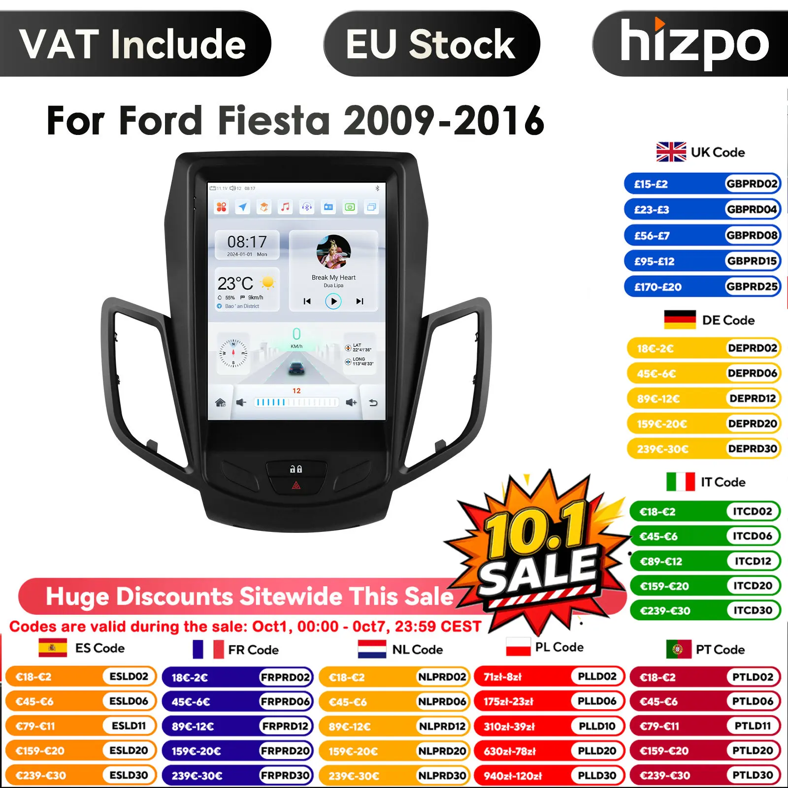 Autoradio Android 14 2Din per Ford Fiesta MK7 2009 - 2016 Lettore multimediale Navigazione Carplay Unità principale stereo 9.7"