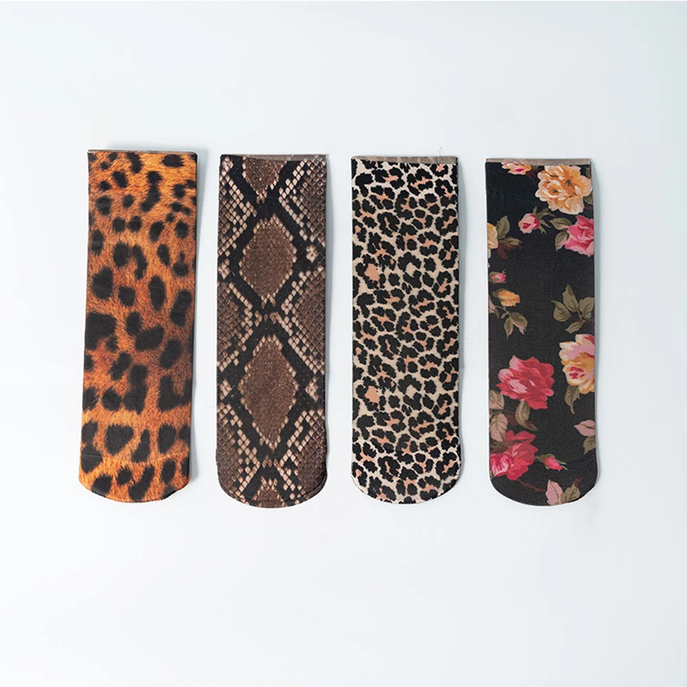 4 Pairs Women Ultra-Thin Leopard Print Socks Fashionable Elegant Prints Summer Soft Comfortable Breathable Elastic Casual Socks