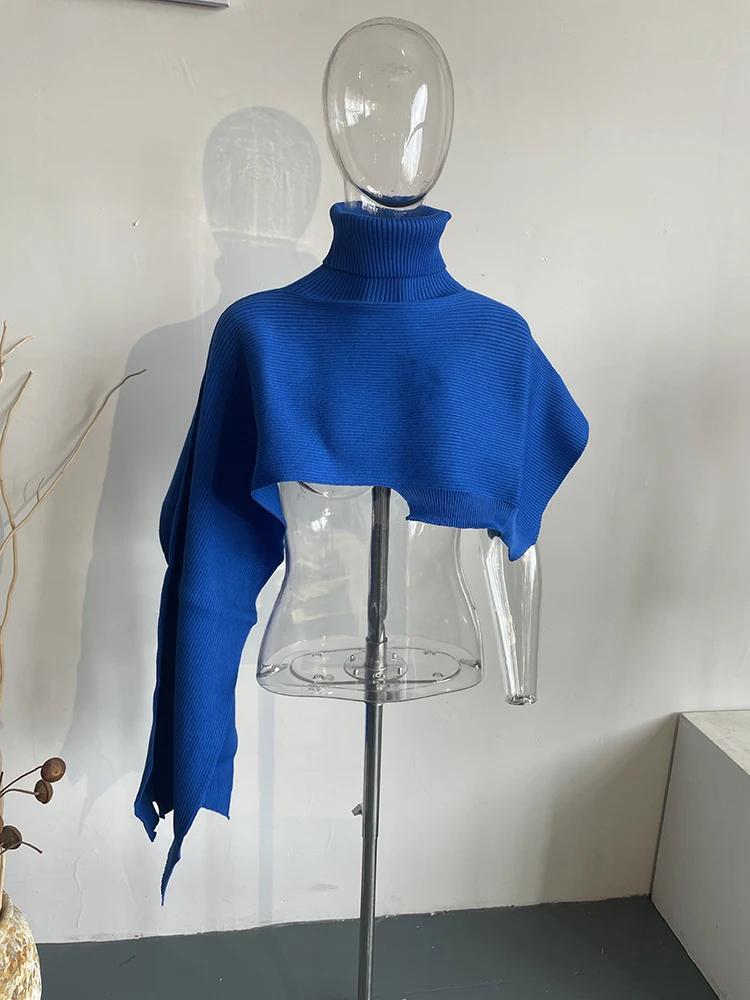 [EWQ] Women Knitting Capes Korean Design Irregular Blue Long Pullover Shawl Scarf winter 2024 autumn New  Female Clothing 6Y3604