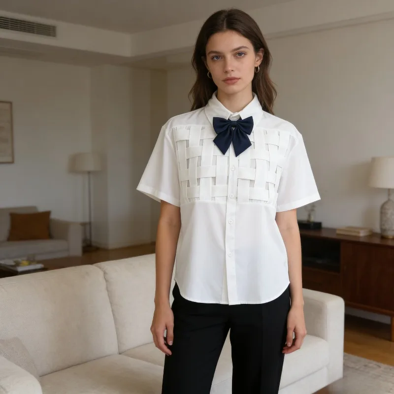 

Женская тканая рубашка E-BAIHUI с отложным воротником, на одной пуговице, с бантом, летняя повседневная универсальная женская блузка