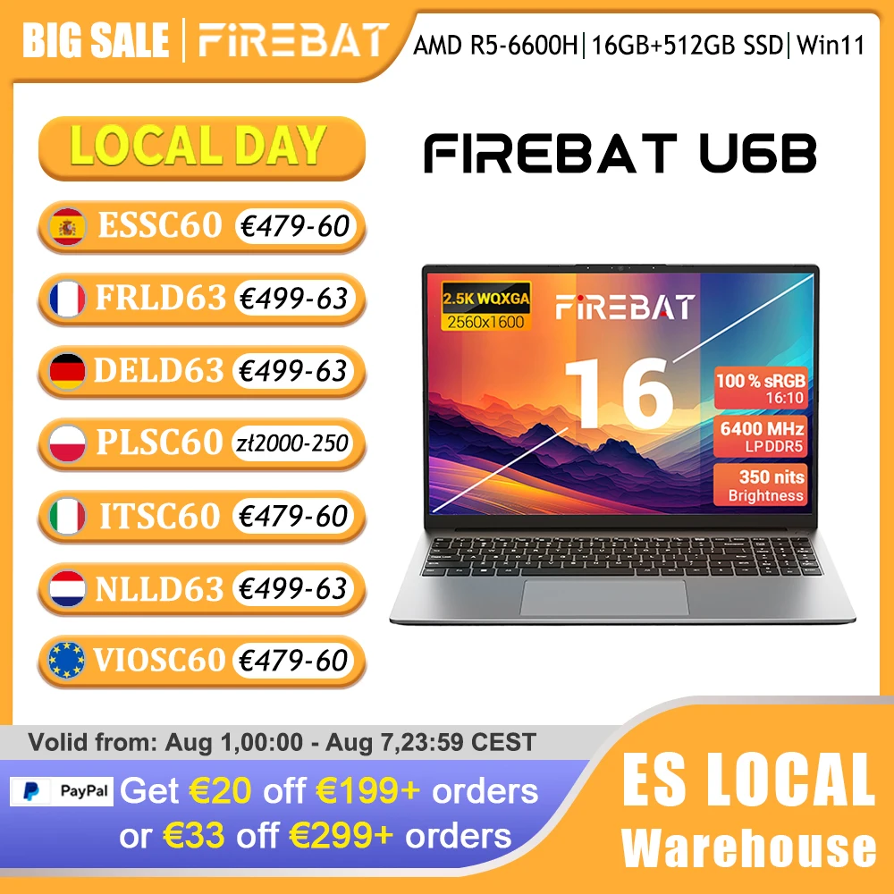 Firebat U6B Laptop AMD R5 6600H DDR5 16GB RAM 512GB SSD 16 Zoll 2,5K 120Hz IPS Windows 11 Type-C WIFI6 Volltastatur-Notebook