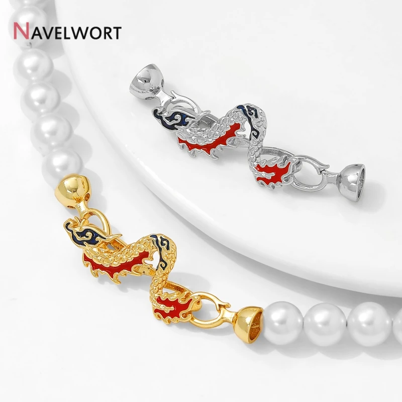 14K Gold Plated Brass Enamel Dragon Shape Fasteners,Closure Pearls Lock Clasps,For DIY Handmade Jewelry Making