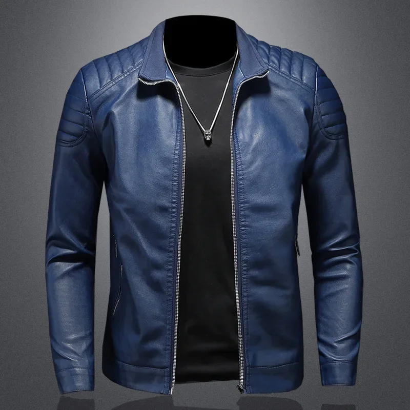 

Men Stand Collar Faux Leather Jacket Oversize Long Sleeve Zipper Outerwear Motorcycle Jackets Men Blue PU Biker Coat Plus Size