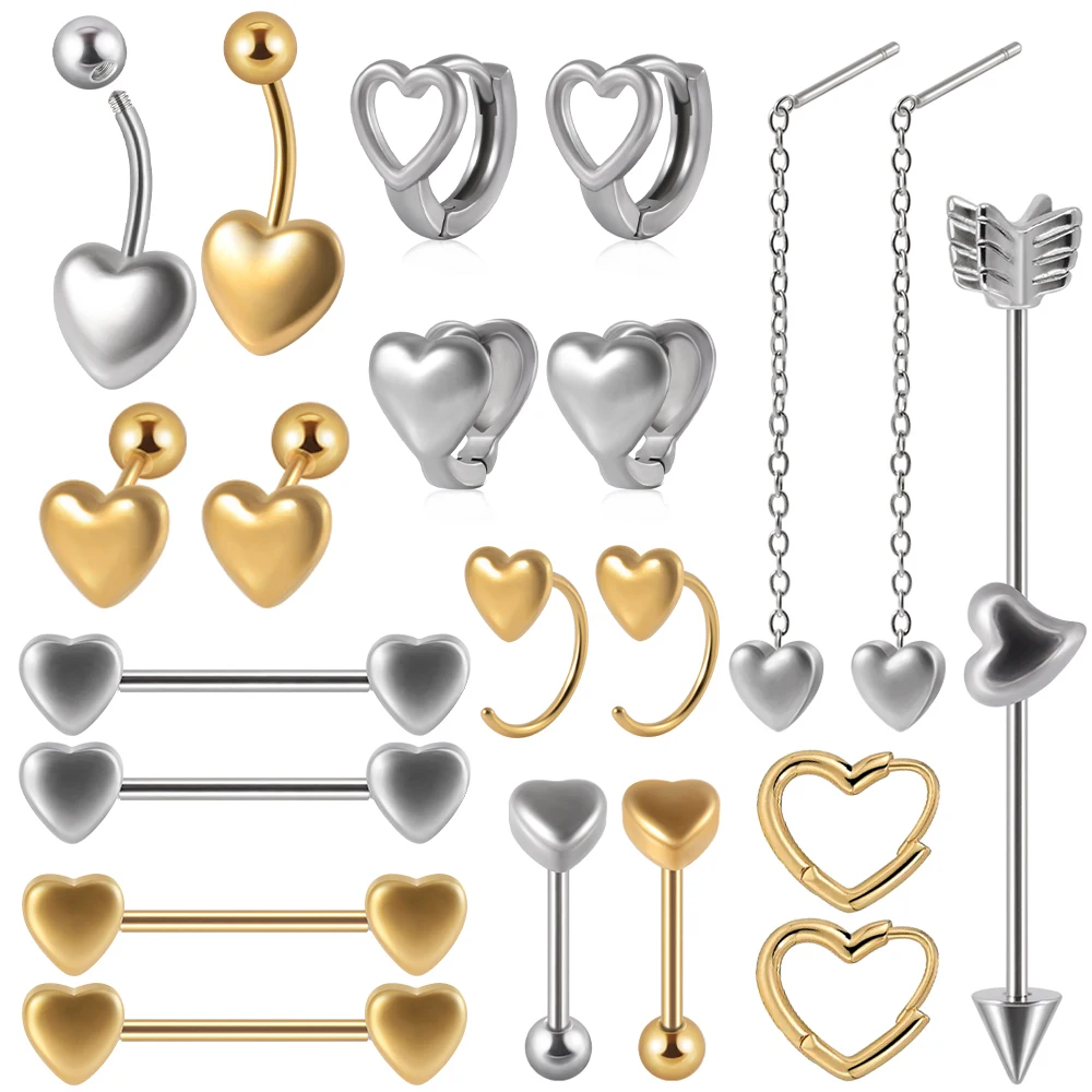 Surgical Steel Silver Gold Color Heart Piercing Jewelry Women Tongue Navel Ear Barbell Cartilage Helix Earring Jewelry 14G-20G