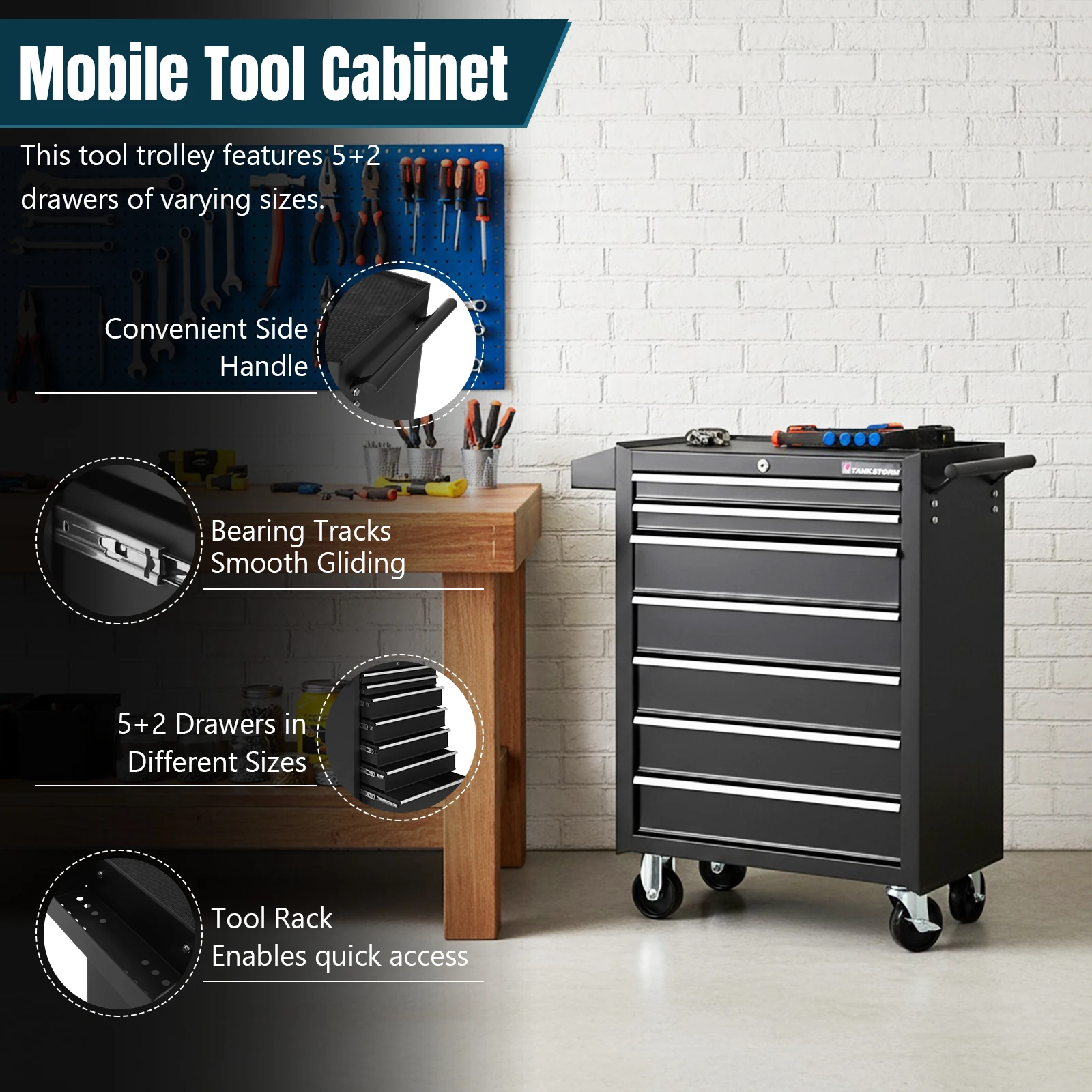 7 درج المتداول أداة الصدر انزلاق أداة عربة درج ث/بطانات درج مقبض قفل تلقائي لورشة عمل مستودع المرآب