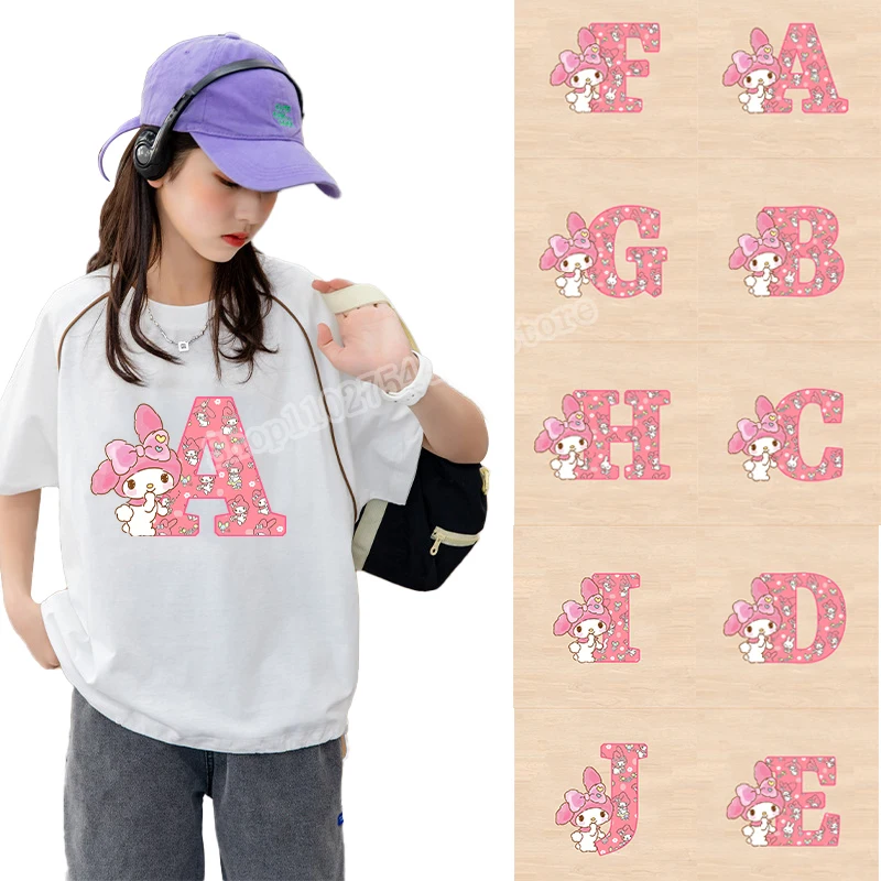 

Sanrio Melody Iron on Sticker Cartoon A-Z Letters Heat Transfer Stickers Kawaii Backpack Clothing Decoration Accessories Gifts