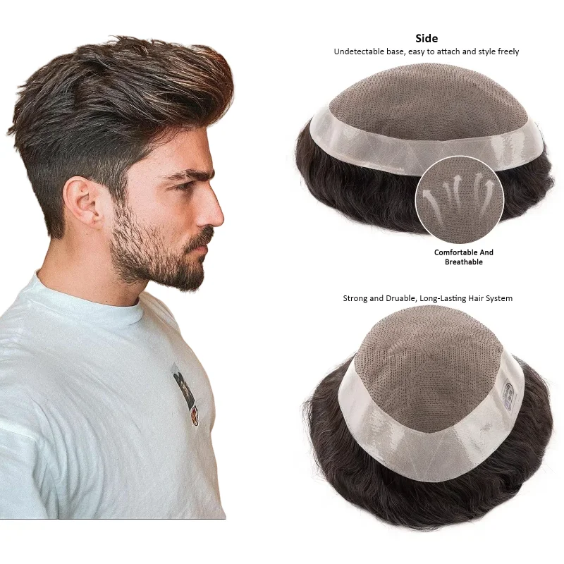 D7-3 شعر مستعار للرجال | قاعدة شعر بشري أحادية ودانتيل + قطعة شعر هجينة من البولي يوريثان، بديل شعر رجالي فائق الواقعي #1