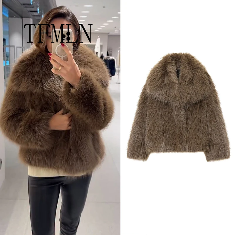 

TFMLN 2025 New Winter Women Faux Fur Jacket Long Sleeve Fashion Coat Female Chic Thick Warm Outerwear