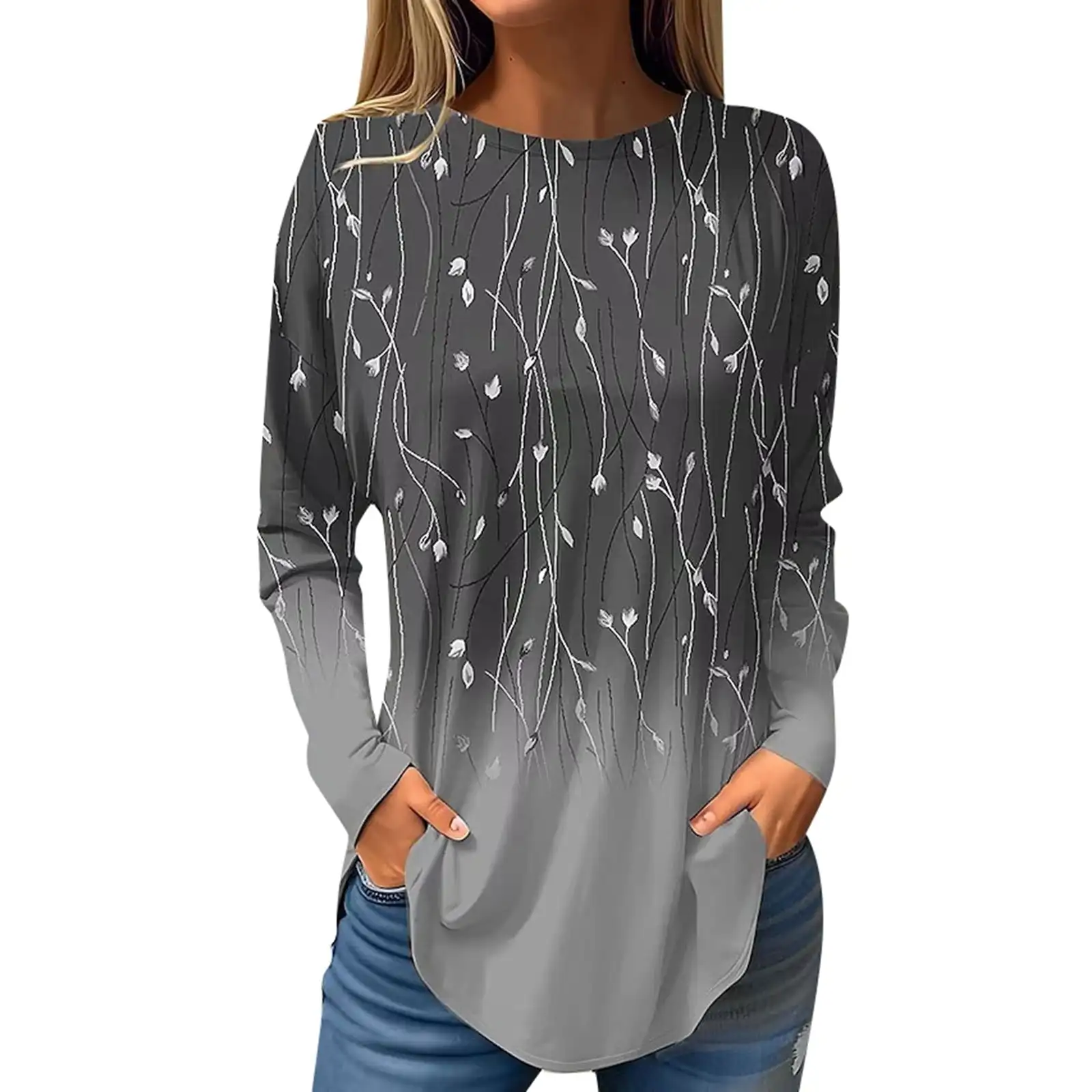 Fashion women's Long Sleeve T-shirt Round Neck Pullover Casual Plant Willow Branch Pattern  3d Printed Gradient Printed t-shirt