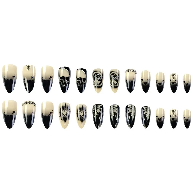 24pcs Black Punk Skull Rose Rhinestone Halloween Fashion Press on Acrylic Nails Cheap Fake Nails with Glue Stiletto False Nails
