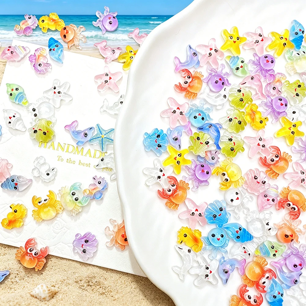 50pcs Mixed Ocean Animal Nail Art Charms 3D Resin Colorful Dolphin Starfish Crab Shell Nail Decoration DIY Manicure Accessories