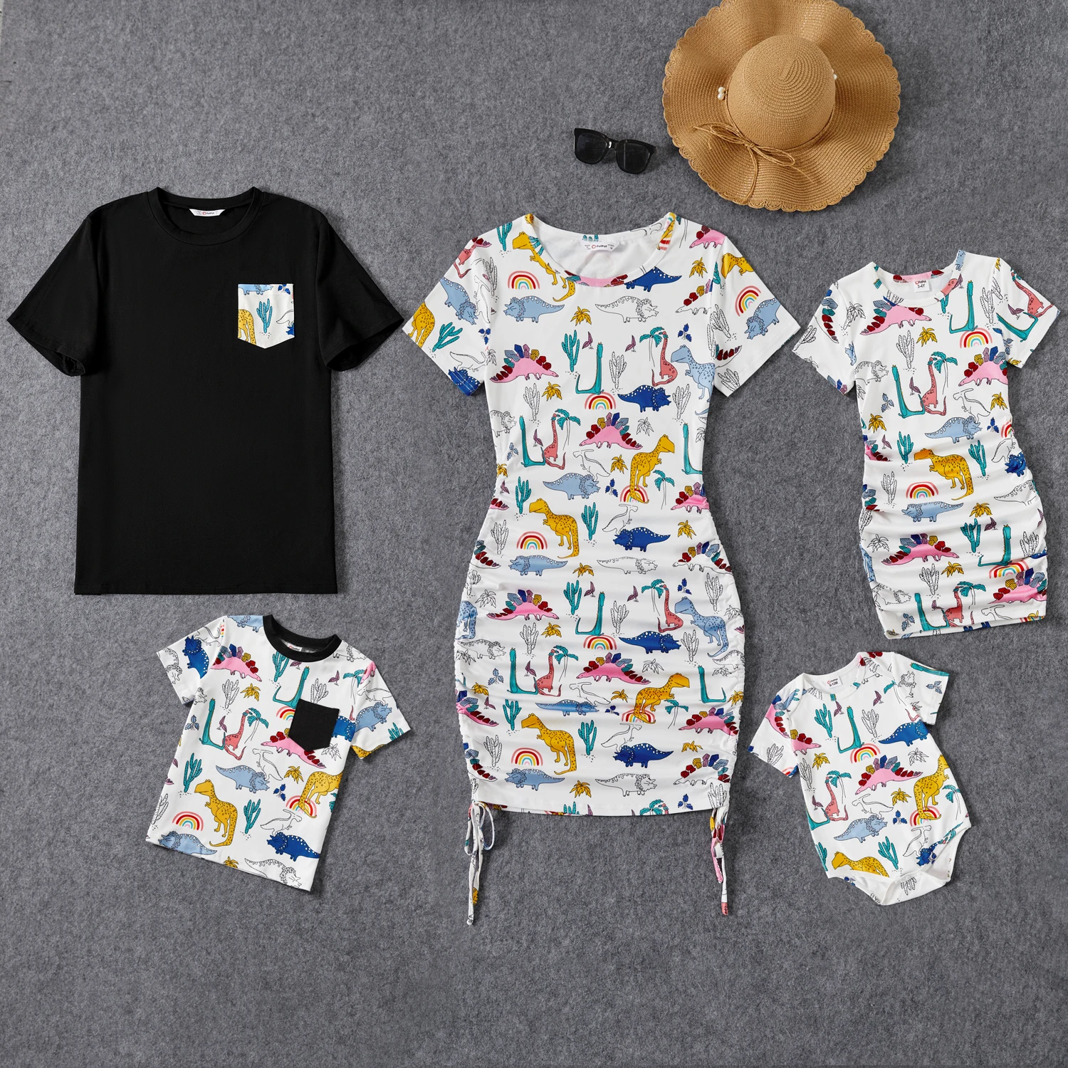 

PatPat Family Matching Dinosaur Print Drawstring Ruched Side Short-sleeve Dresses and Patch Pocket Short-sleeve T-shirts Sets