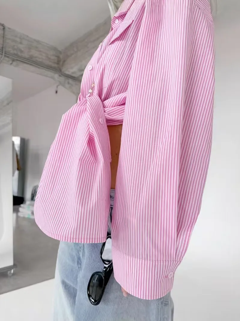 Faionable Pink Striped Loose Casual irt Women's Commute Sle Long Sve Button up Regular Length Striped irt