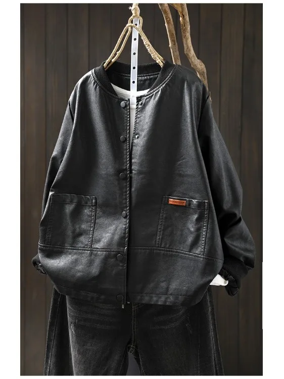 Casual Long Sve Stand Collar PU Leather Jaet Women's Personali Splicing Baseball Coat Trendy Autumn New Ba Ear Mus...