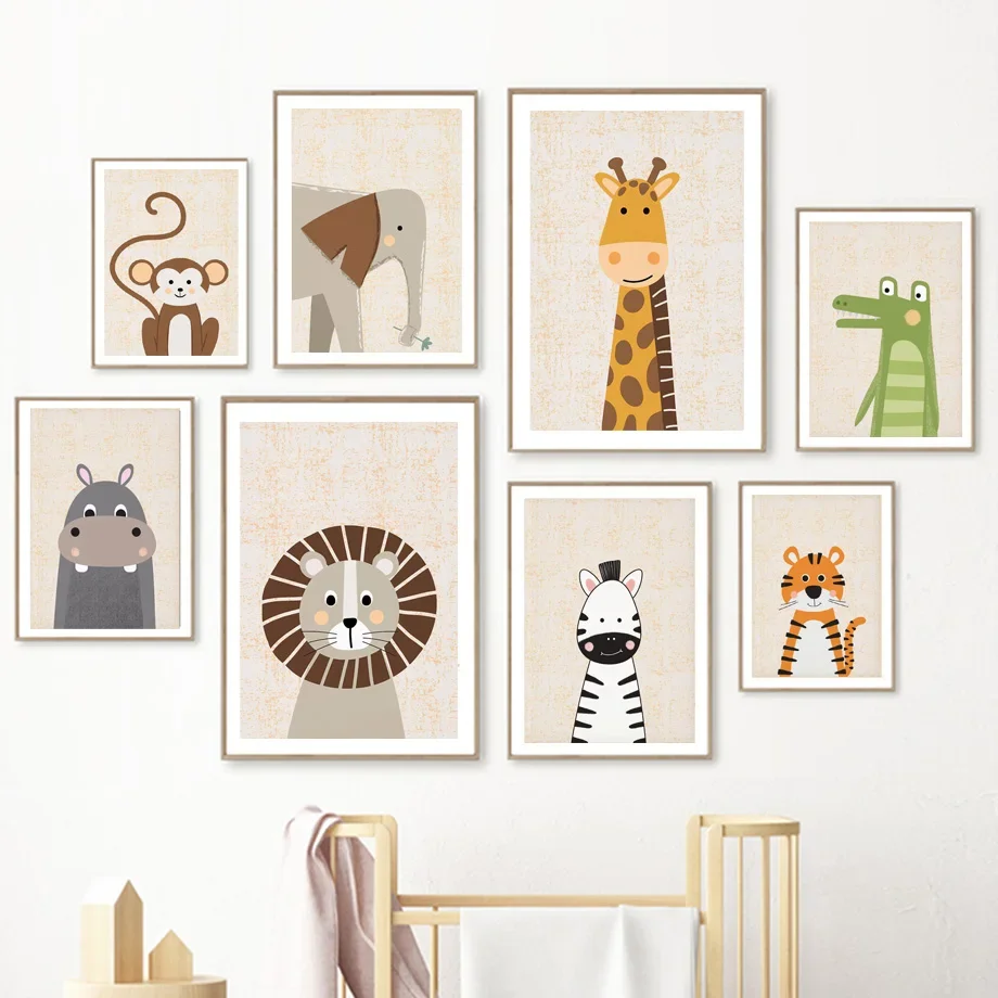 子供部屋の壁の芸術、ポスター、写真、ライオン、キリン、象、ゼブラ、猿、赤ちゃん、子供部屋の装飾のための北欧のキャンバス絵画