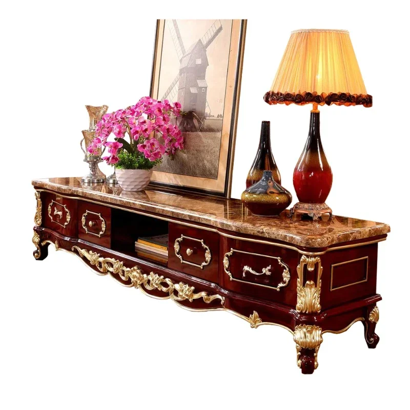 Mueble para TV de Madera de Sándalo Rojo, Mueble para TV con Suelo de Mármol Emperador, Mesa de Centro Color Café Oscuro, Combinación de Muebles para TV