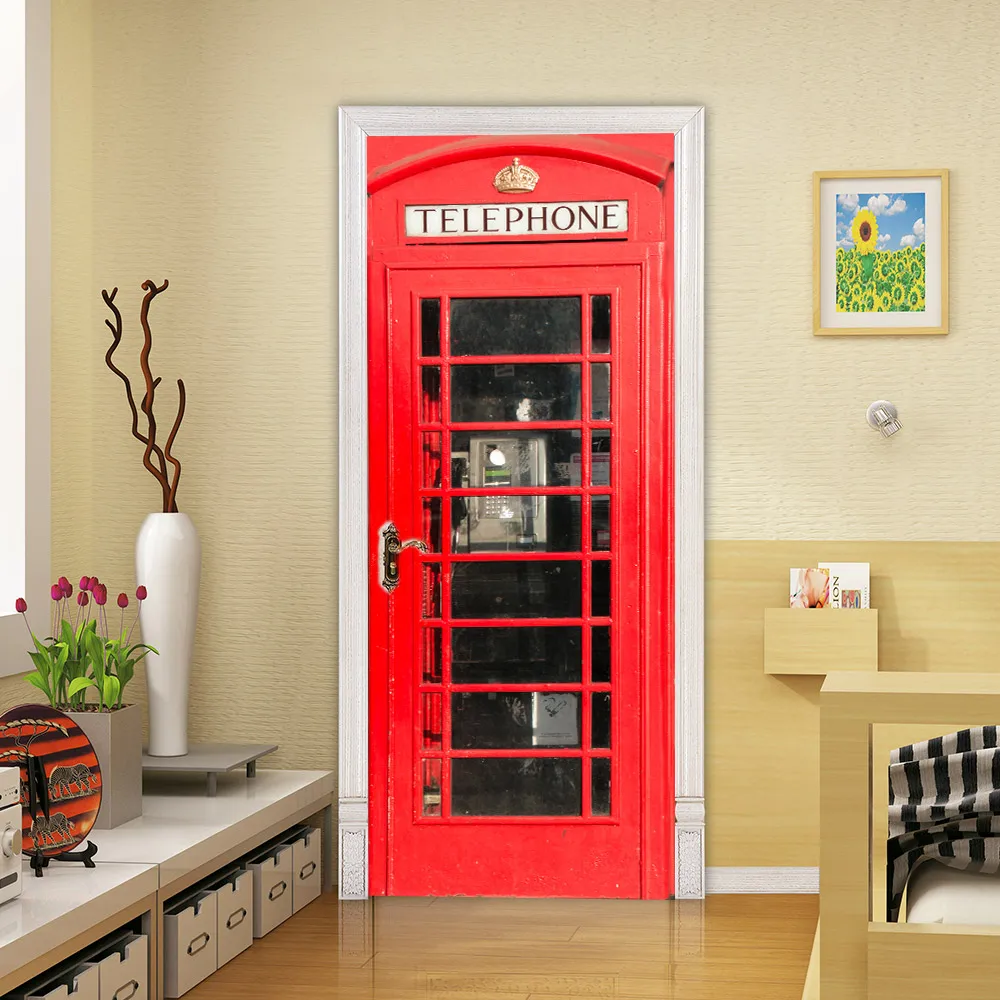 London Red Telephone Door Sticker 3D Paris Modern Art Design Wallpaper PVC Sticker for Room Decorative Removable Freezer Posters