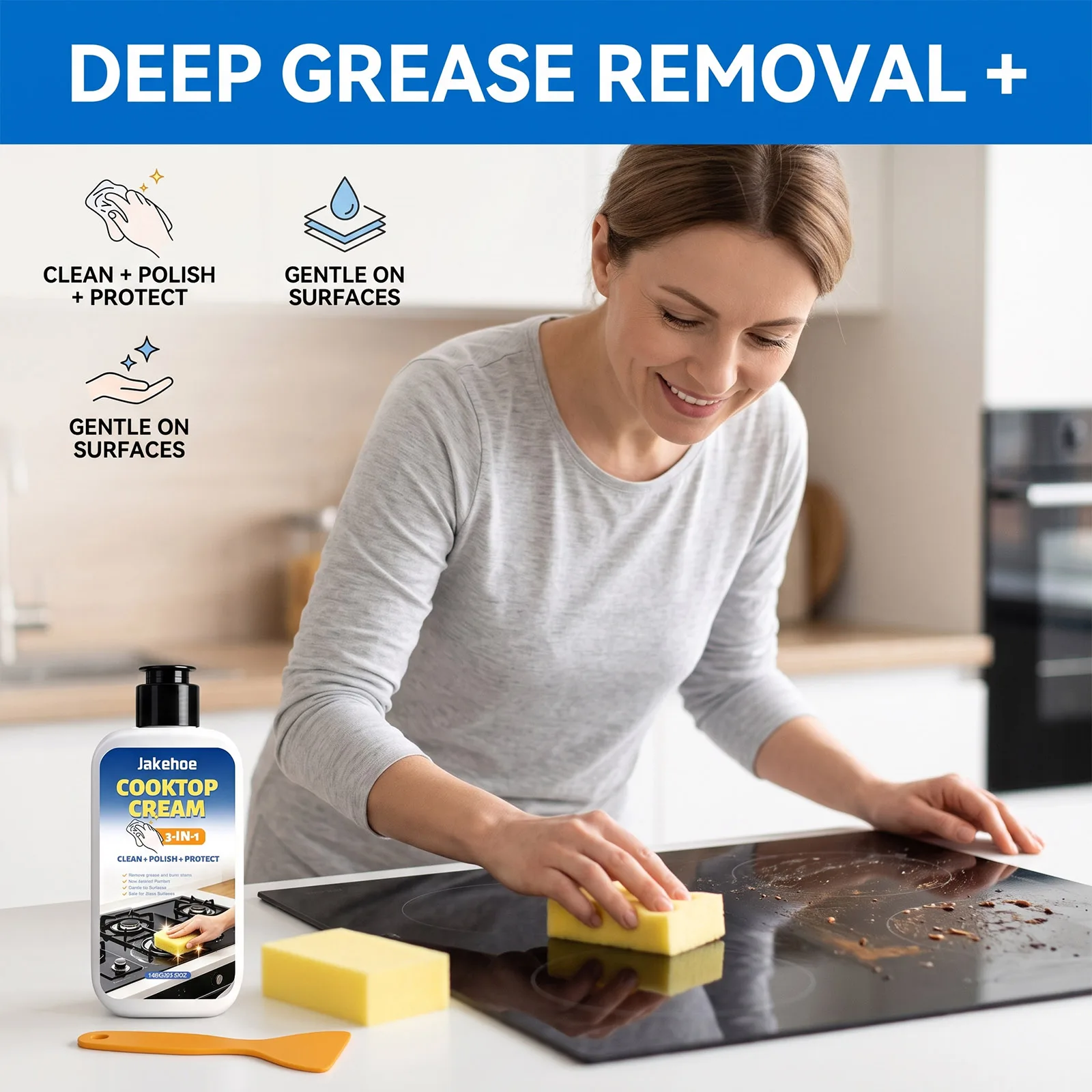 Household Cooktop Cleaner Set Effective Cleaning Removes Stubborn Grease Burnt Marks 3-In-1 Clean Polish Protect For Kitchen Use