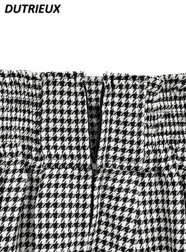 Herbst und Winter Neuer japanischer süßer kurzer Rock mit hoher Taille und Hahnentrittmuster, gefüttert mit Rüschenrand und Reißverschluss, A-Linien-Miniröcke