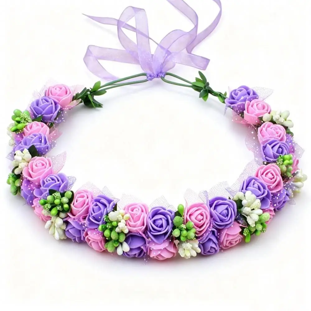 Hand Woven Flower Crown Adjustable Ribbon Silk Rose Flower Flowers Headband Vintage Elegant Floral Wreath Photography Props