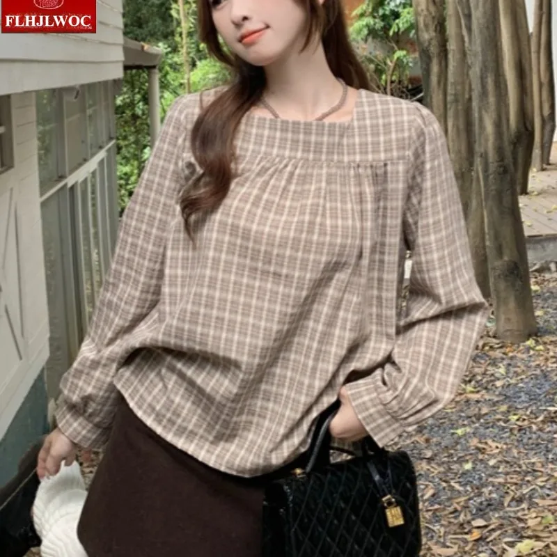 

Хлопковые топы, блузки, новые милые милые японские стильные рубашки для девочек и женщин, осенние шикарные рубашки в клетку с длинными рукавами и квадратным вырезом в стиле ретро