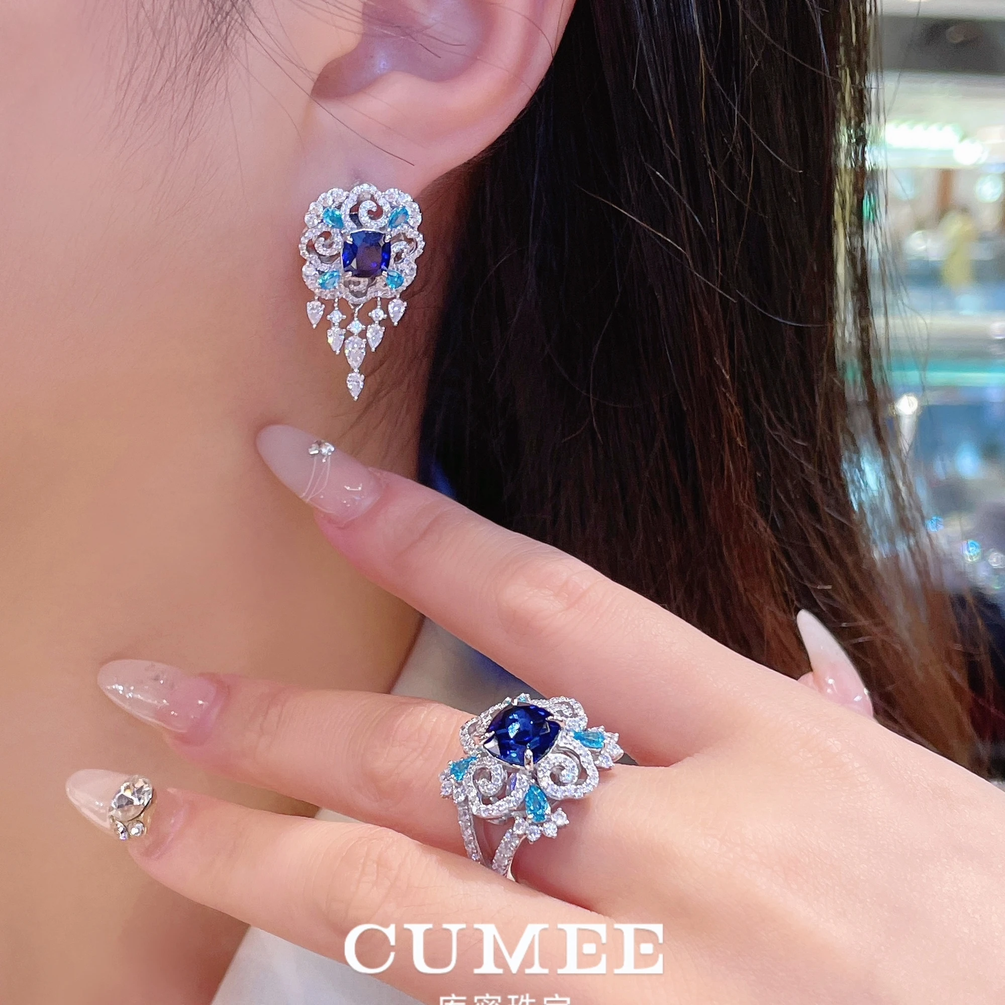 CUMEE النمط الصيني الجديد التصميم الأصلي زراعة الاصطناعية جوهرة مجموعة مجوهرات قلادة القرط الدائري. 925 فضة مطلية بالذهب