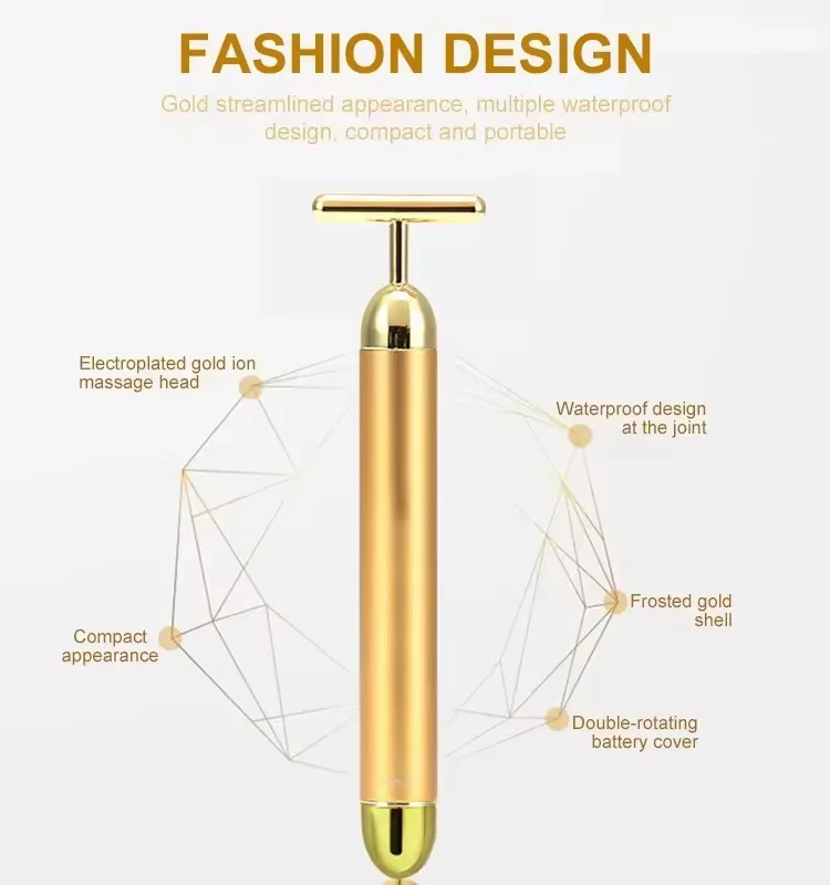 جهاز مكركرنت للوجه 3 في 1 من الذهب عيار 24 قيراط - مدلك على شكل حرف V مع أسطوانة للعين والشفاه لمكافحة الشيخوخة في المنزل.