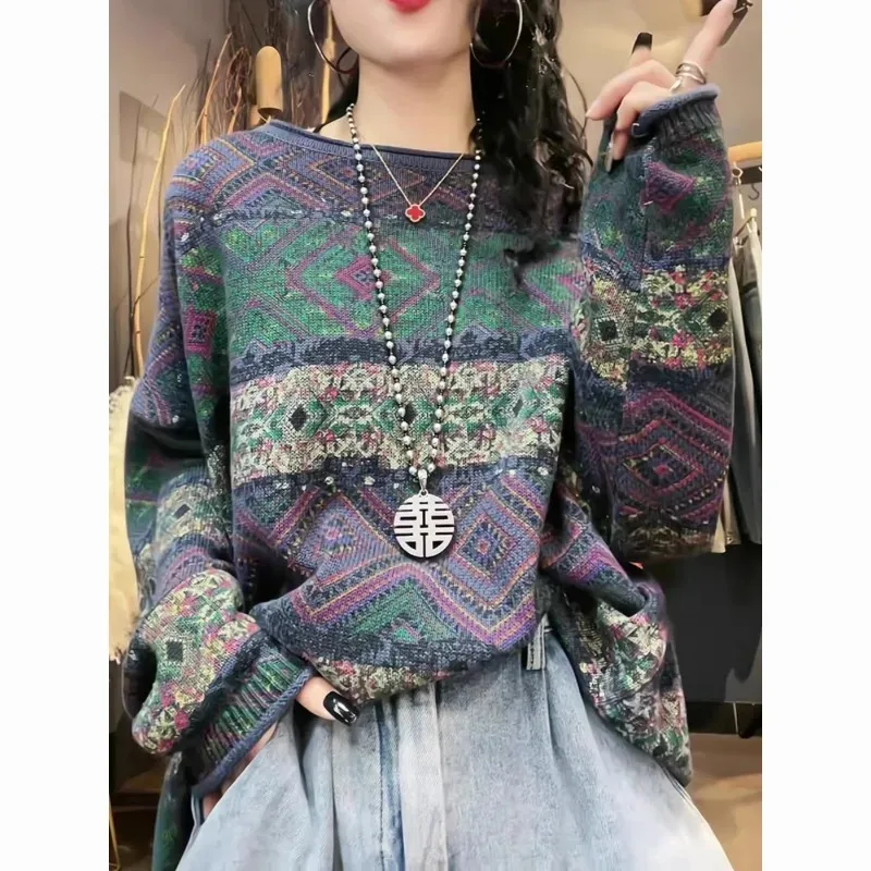 

Vintage Cotton Printed Sweater Women 2025 New Autumn Versatile Niche Knitted Pullover Korean Fashion Oversize Female Tops