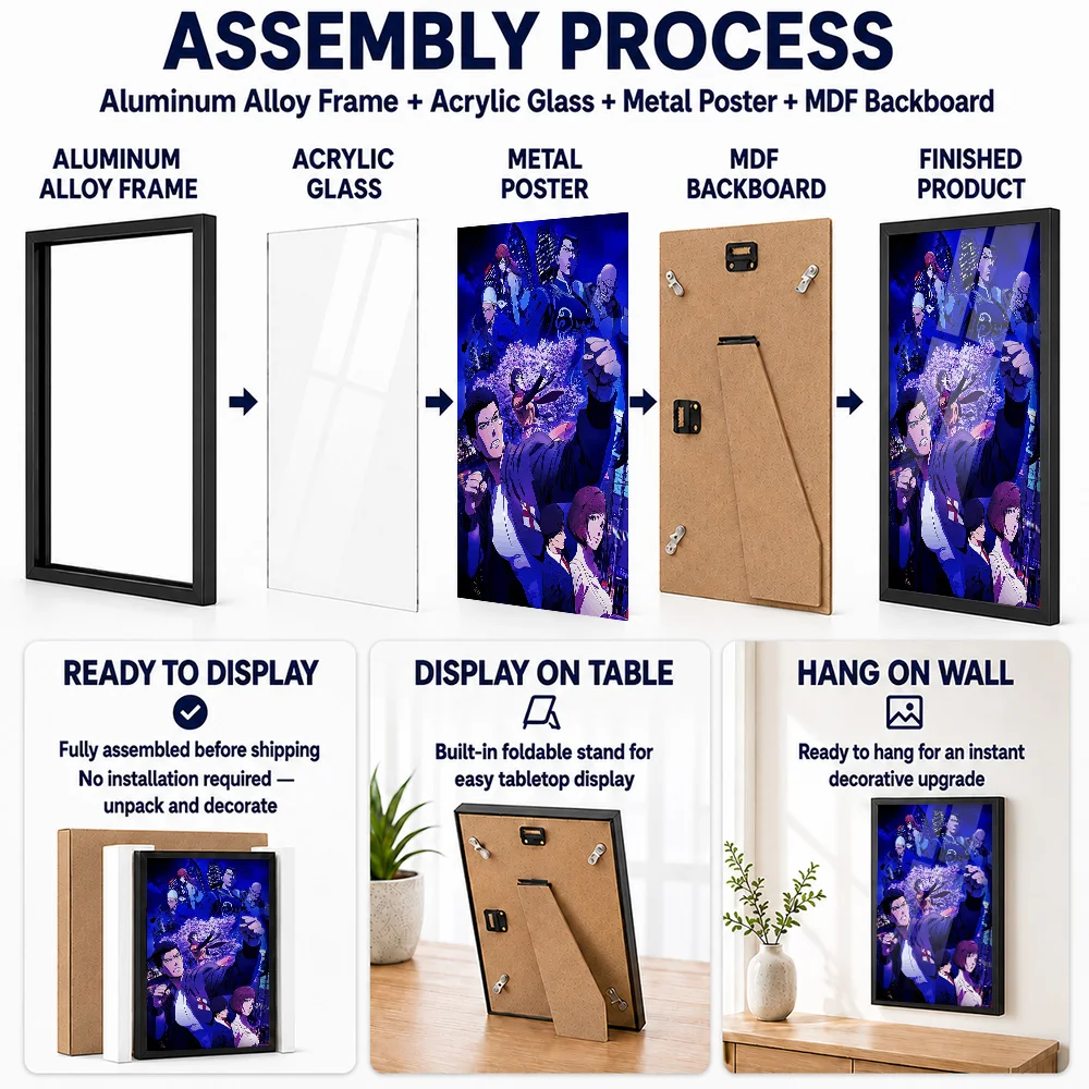 Anime Character City Ensemble Framed Metal Print Personalized Comic Style Wall Art For Bedroom And Games Room, Fantasy Fan Gift