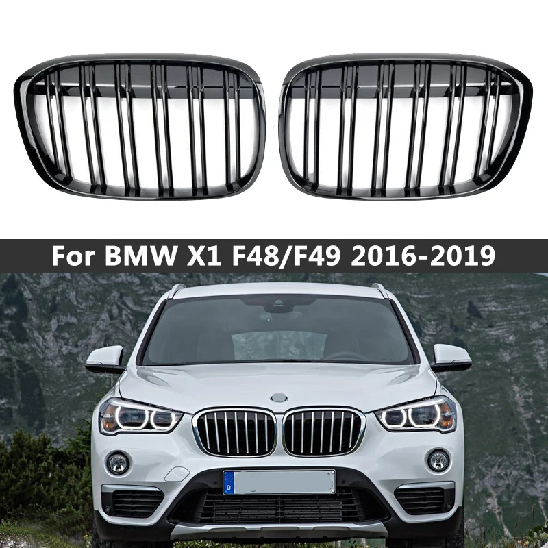 

A Pair Car Styling Dual Slat Front Bumper Grills Kidney Grille For BMW X1 F48 F49 2015-2019 M Color Gloss Black Auto Accessories