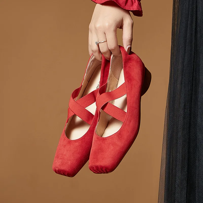 ALA Rising|LE-H Leather Handmade Pig Mouth Ballet Shoes With Cross Heel Sheepskin Mary Jane Women\'s Shoes With Square Head