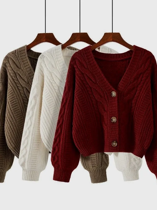Women's Oversized Cable Knit Cardigan - V-Neck Button Down Long Sleeve Chunky Knit Sweater for Layering