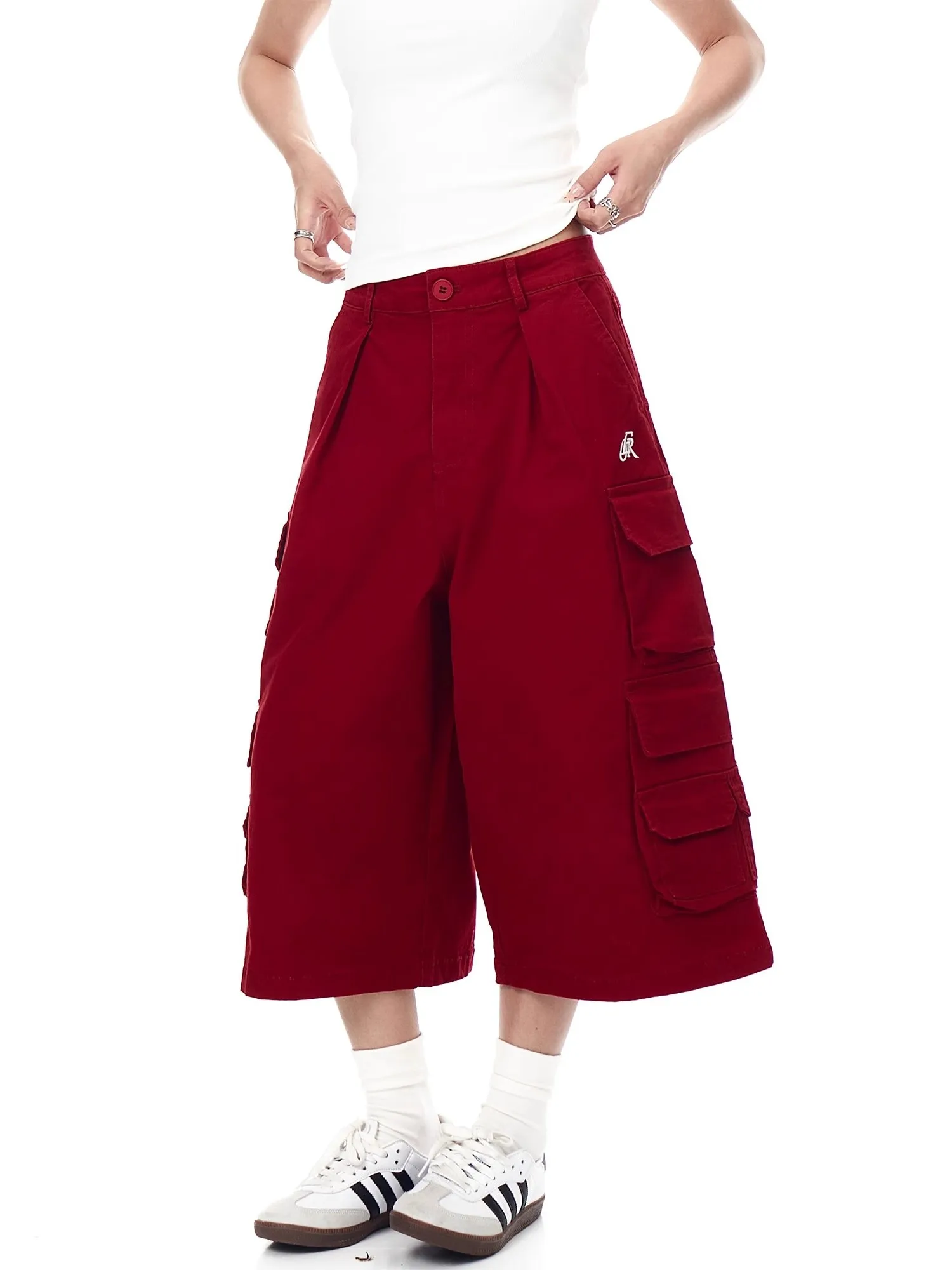 

Retro American Embroidered Multi-ket Work orts ex Summer High Street Loose Wide Leg Five Seven Pants Youth Faion