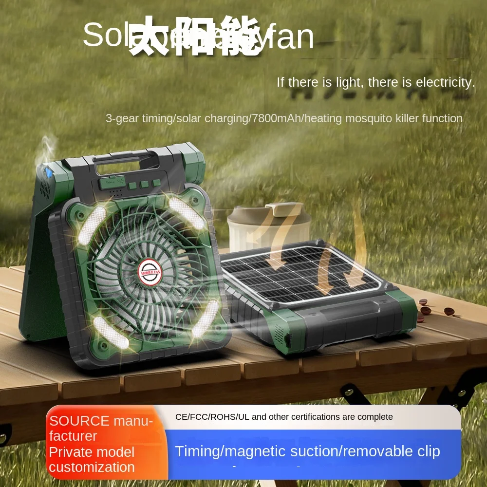 Portable Solar Camping Fan with Light 4 Speeds Rechargeable 40000mAh Battery Mosquito Killer Powered&Timer PowerBank for Hiking