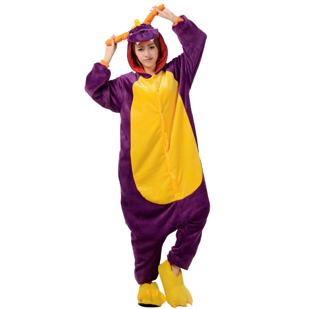 Família inverno uma peça roxo dinossauro desenhos animados pijamas com dois chifres de dragão asas poliéster quente confortável sleepwear cosplay