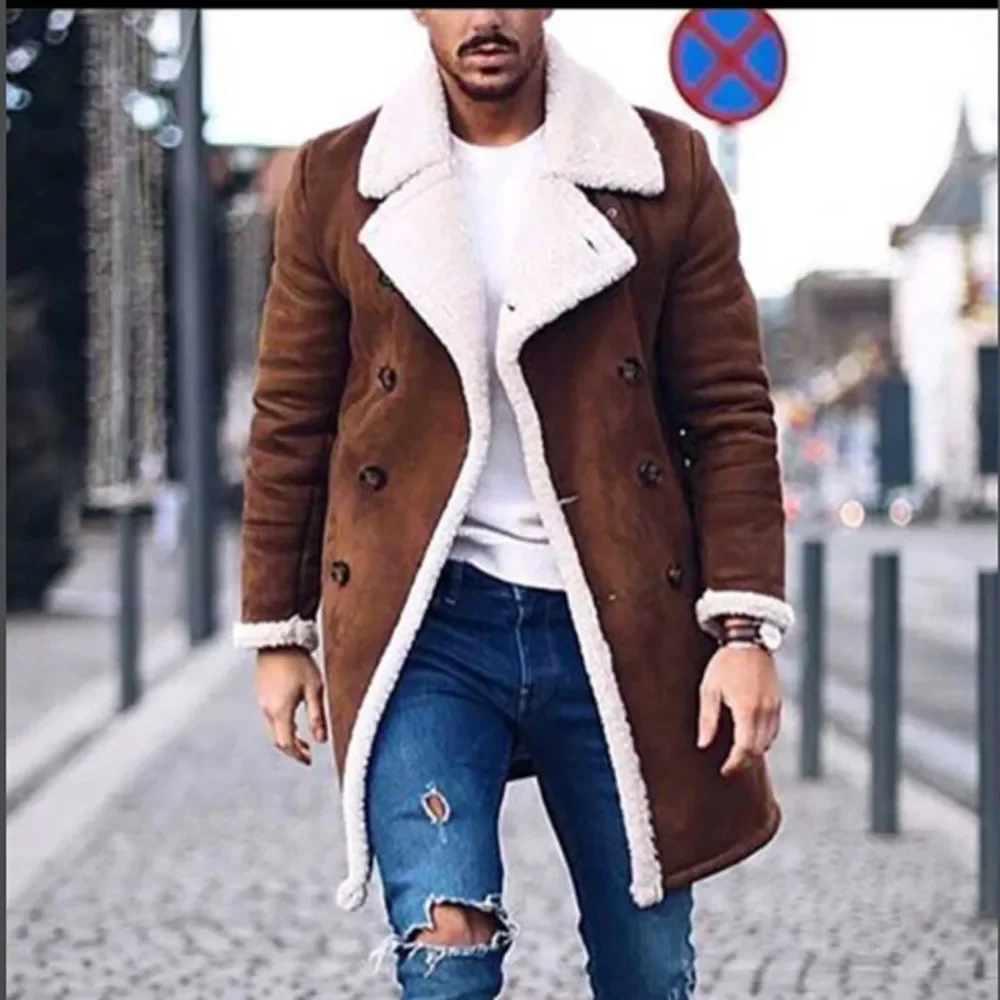 Winter Faux Fur Jacket Plus Size Men Jackets Contrast Colors Turn-Down Collar Thicken Lambswool Suede Jacket Long Parka Coat