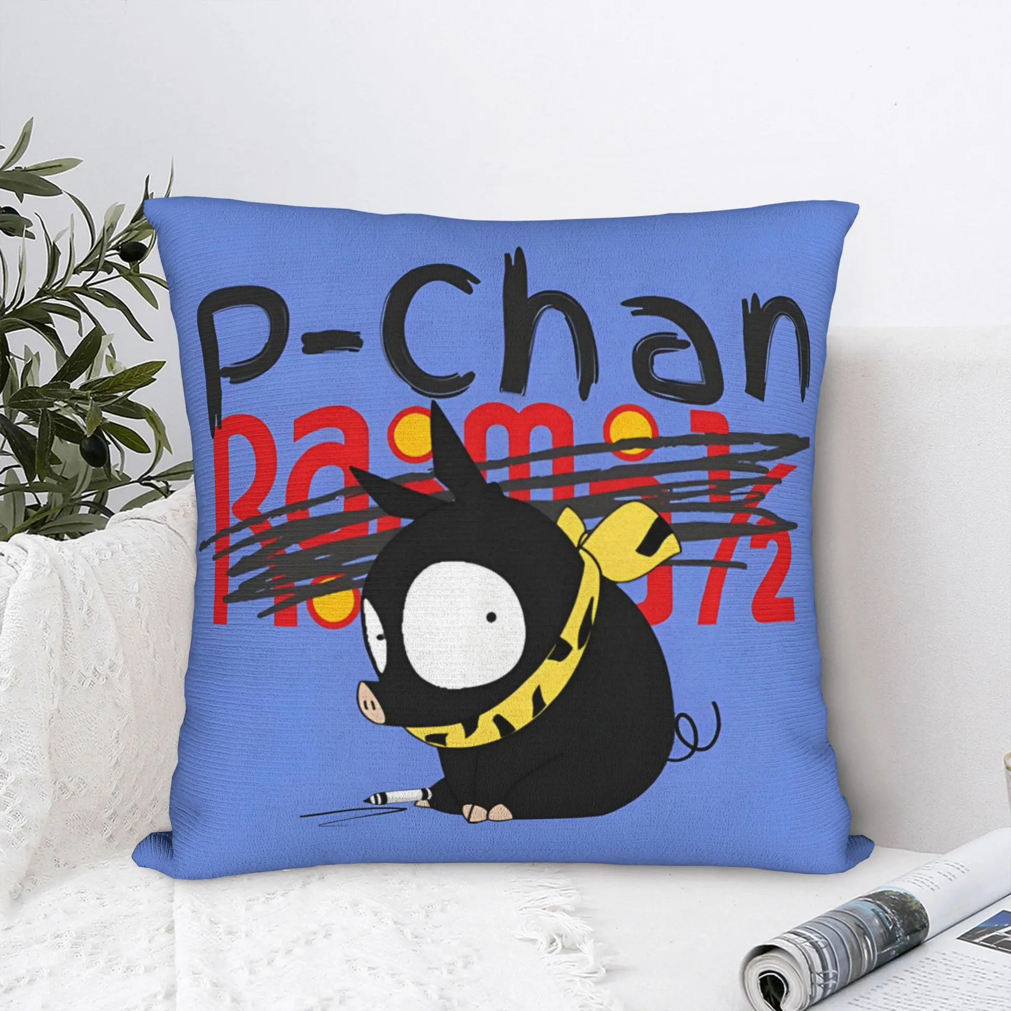 Pillow Cover P-Chan Character Art Black Pig with Yellow Scarf on Sky Blue Ribbed Polyester Zipper Machine Washable Anime Decor