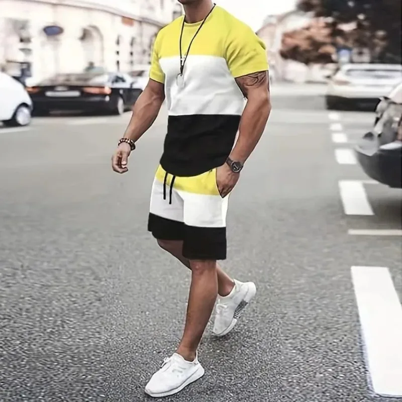2025 Outdoor Fashion Sports Two Piece Set Summer Men's Casual Breathable Round Neck Sports T-shirt Shorts