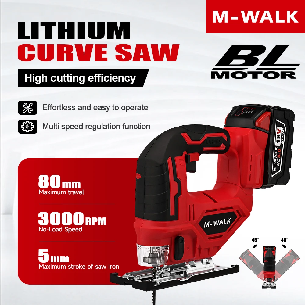 M-WALK Cordless Electric Jig Saw Portable LED Light Multi-Function Saw Vertical Wood Power Tool For Milwaukee 18V Battery Pins