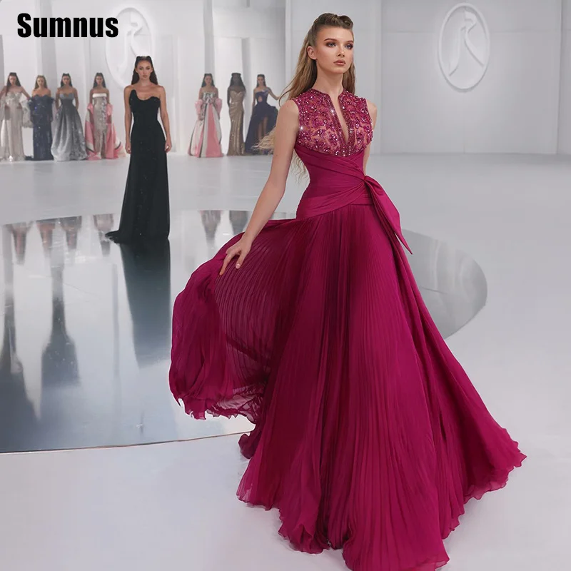 

Sumnus Elegant A-Line Prom Dress Beading Draped Sleeveless Floor-Length Formal Evening Dress فساتين سهرة Customized