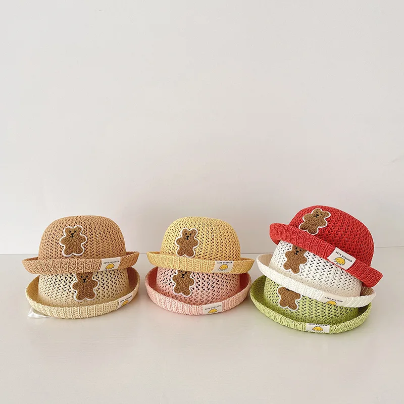 

Summer Boys And Girls fisherman's Hat Chocolate Bear Cocked Eaves Straw Hat Baby Straw Hat Thin Section Beach Sunshade Hat