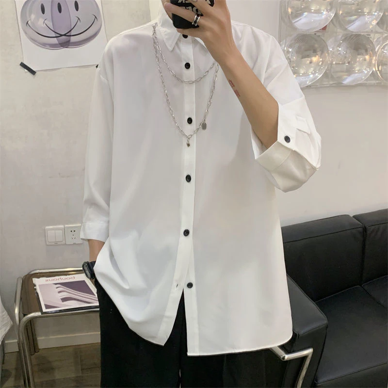 Korean Street Fashion Short Sleeve Men T Shirts With Chain Black White Harajuku Casual All-match Oversized Clothing Hip Hop Punk