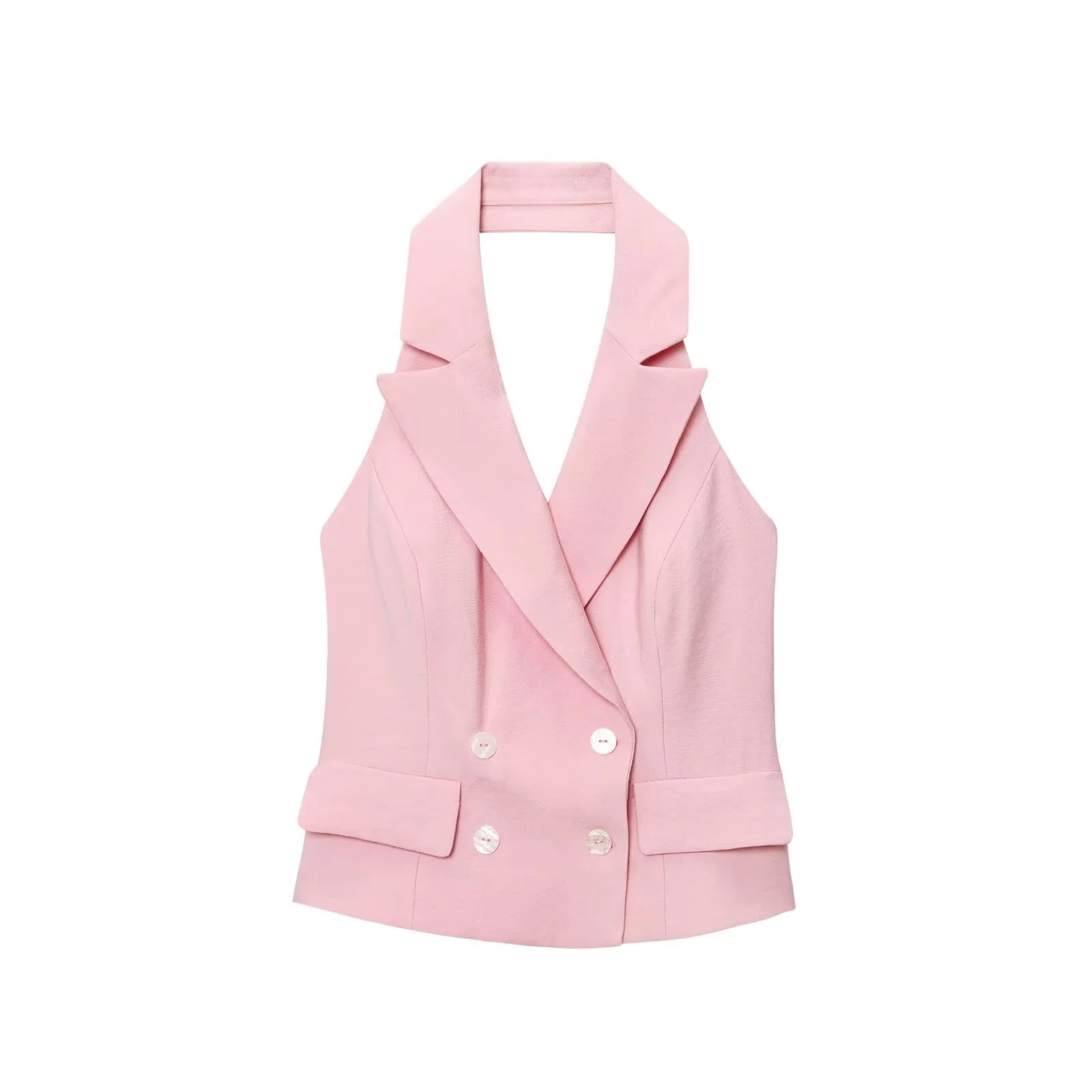 

2025 летняя новая женская повседневная мода, простой тонкий костюм с открытой спиной и воротником на шее, жилет без рукавов, жилет, топ