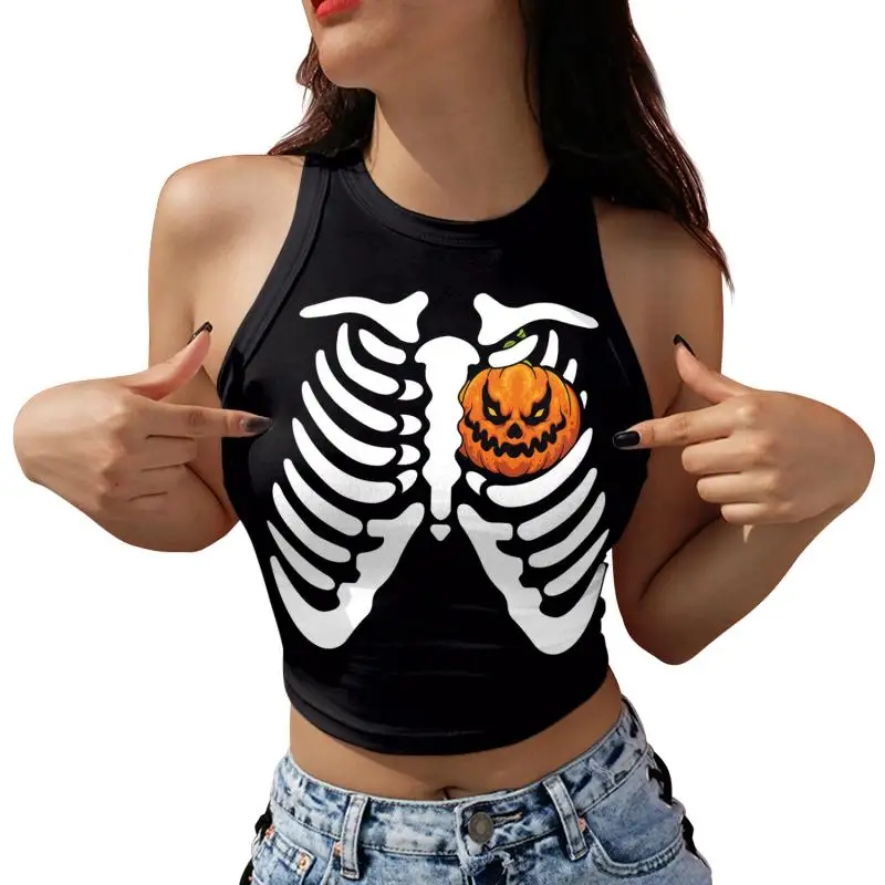Nadanbao Damen-Crop-Top mit Geister-Kürbis-Print, kurze Weste mit Rosen-Totenkopf-Muster, sexy, schmales, ärmelloses Hemd, Halloween-Party-Top – Detail 13