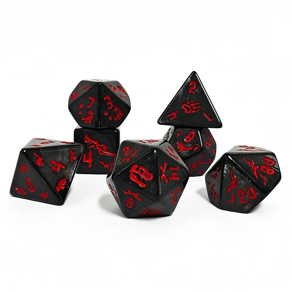 7-teiliges Schwarz-Rotes Dinosaurier-Würfelset, Individuell Gravierte Acryl-Polyeder-Würfel für TTRPG-Brettspiele, DND & Rollenspiele – Detail 4