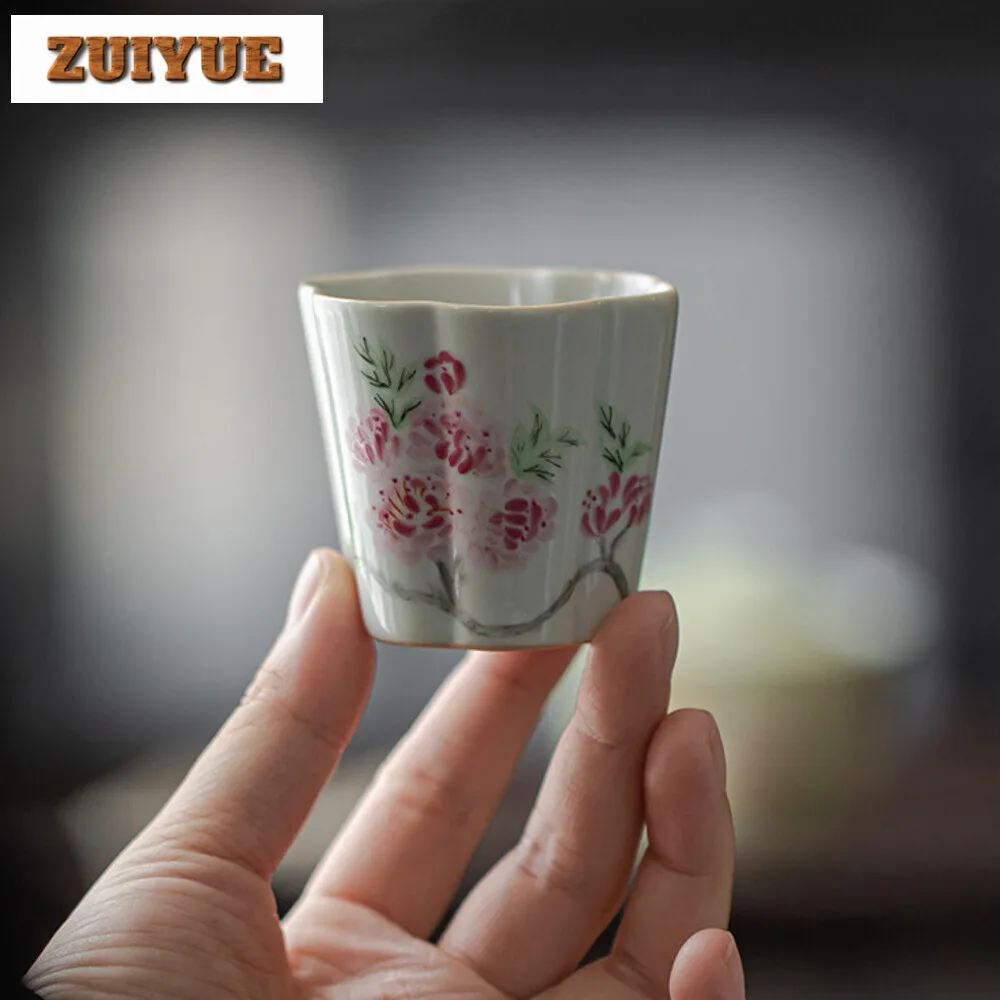 60ml Overglazed Color Hand-painted Crabapple Tea Cup Household Flower Mouth Master Cup Vintage Tea Bowl Fragrance Cup Tea Crafts